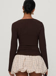 back view of model wearing Princess Polly Gaskin Long Sleeve Top Brown Full Sleeves Square Neck 