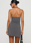 back view of model wearing Princess Polly Fenny Mini Dress Grey V-Neck 