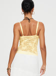 back view of model wearing Princess Polly Juliana Top Light Yellow Lace Sleeveless V-Neck 