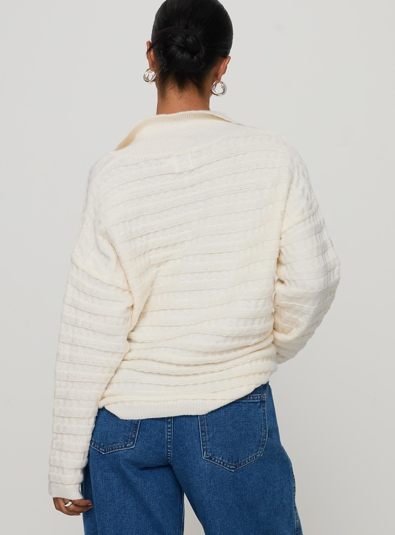 back view of model wearing Princess Polly Autumnal Collared Sweater Cream 