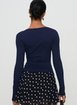 back view of model wearing Princess Polly Nikoli Long Sleeve Top Navy Full Sleeves Boat Neck 