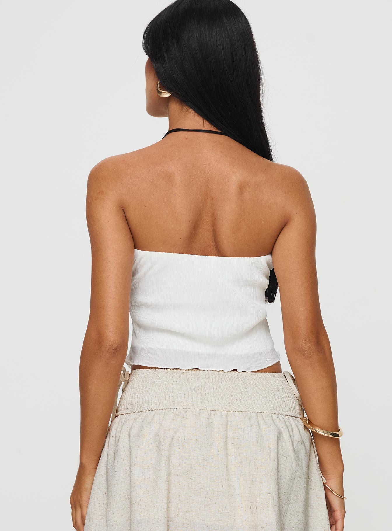 back view of model wearing Princess Polly Lose It Strapless Top White Sleeveless Sweetheart 
