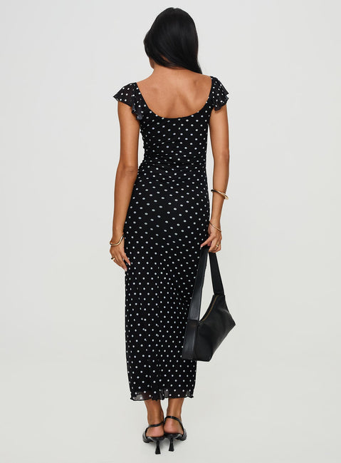 back view of model wearing Princess Polly Sandberg Maxi Dress Black Polka Dot Scoop Neck 