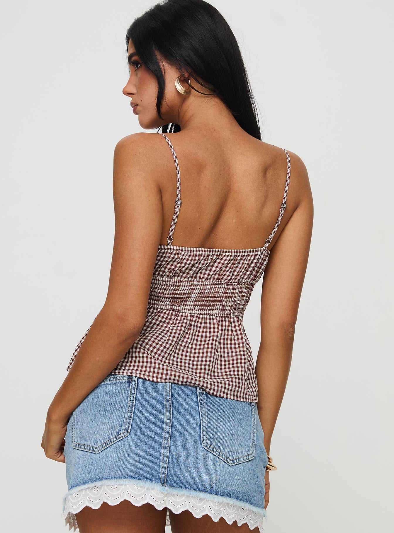 back view of model wearing Princess Polly Ansilin Top Brown Check Sleeveless Square Neck 