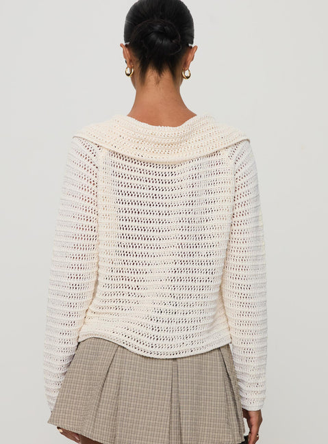 back view of model wearing Princess Polly Tuscon Crochet Sweater White cropped 