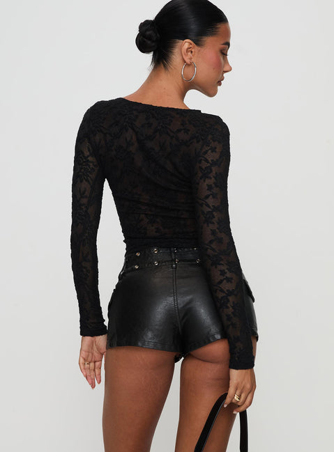 back view of model wearing Princess Polly Born To Ride Shorts Washed Black Low Rise Shorts 