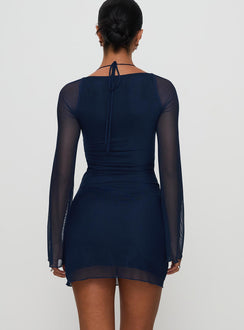 back view of model wearing Princess Polly Bilbao Long Sleeve Mini Dress Navy Square Neck 