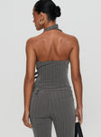 back view of model wearing Princess Polly Calexico Buckle Halter Top Grey Pinstripe Sleeveless V-Neck 