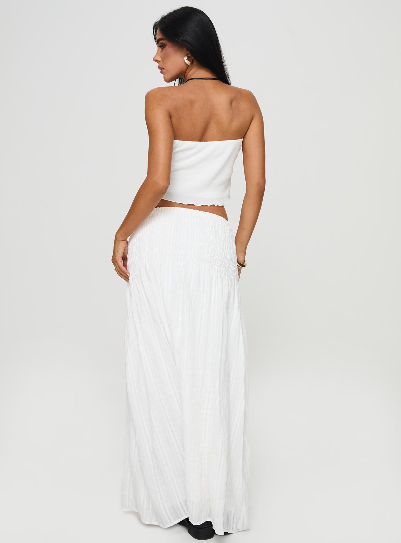 back view of model wearing Princess Polly Carana Maxi Skirt White Maxi 