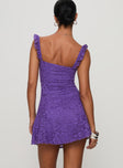 back view of model wearing Princess Polly Beacall Mini Dress Purple Square Neck 