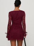 back view of model wearing Princess Polly Lucianna Long Sleeve Lace Mini Dress Burgundy Square Neck 