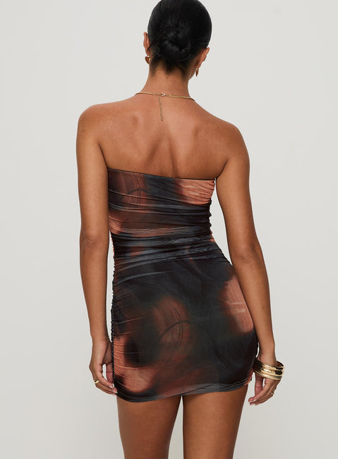 back view of model wearing Princess Polly Micah Mini Dress Brown Multi Straight Neck 