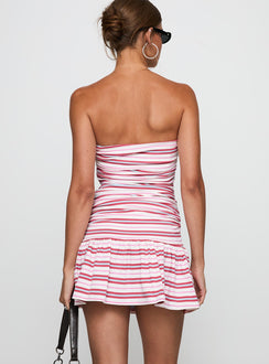 back view of model wearing Princess Polly Juicie Strapless Mini Dress Pink / White Stripe Straight Neck 