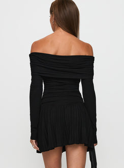 back view of model wearing Princess Polly Field Of Dreams Long Sleeve Mini Dress Onyx Straight Neck 