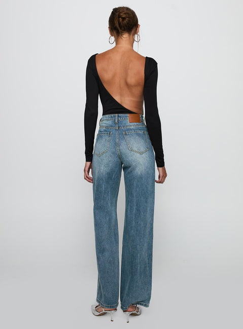 back view of model wearing Princess Polly Sacramento Straight Leg Jeans Mid Blue Denim High Waisted 