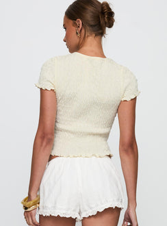 back view of model wearing Princess Polly Ciao Bella Shirred Graphic Top Cream Short Sleeves Crew Neck 