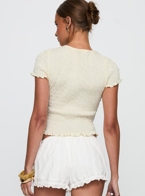 back view of model wearing Princess Polly Ciao Bella Shirred Graphic Top Cream Short Sleeves Crew Neck 