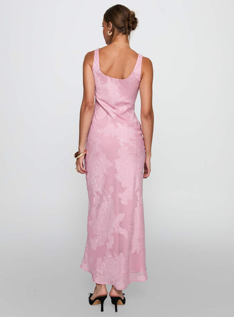 back view of model wearing Princess Polly Brietta Cowl Maxi Dress Pink Cowl Neck 