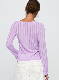 back view of model wearing Princess Polly Tuppence Ribbed Long Sleeve Top Lilac Full Sleeves Full Sleeves Boat Neck Boat Neck 