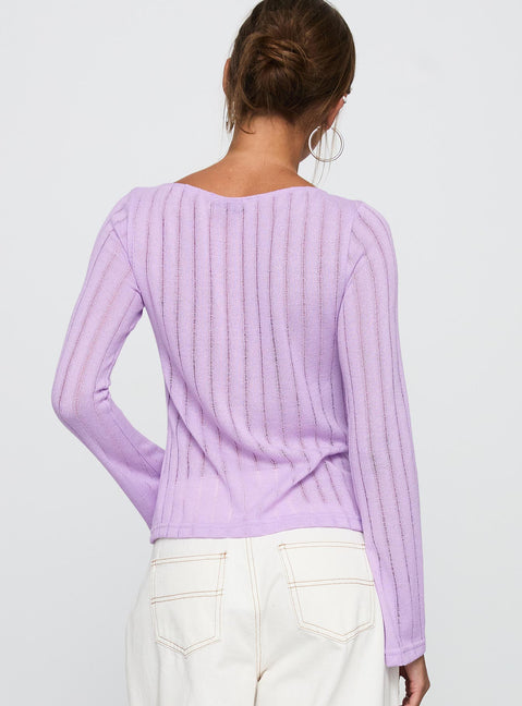 back view of model wearing Princess Polly Tuppence Ribbed Long Sleeve Top Lilac Full Sleeves Full Sleeves Boat Neck Boat Neck 