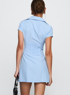 back view of model wearing Princess Polly Motley Mini Dress Blue Stripe V-Neck 