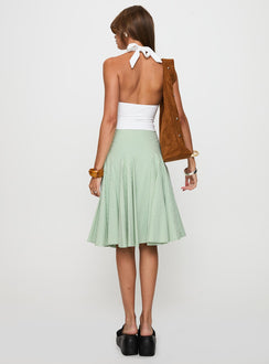 back view of model wearing Princess Polly Evangaleine Pleat Midi Skirt Green / White Midi Skirts 