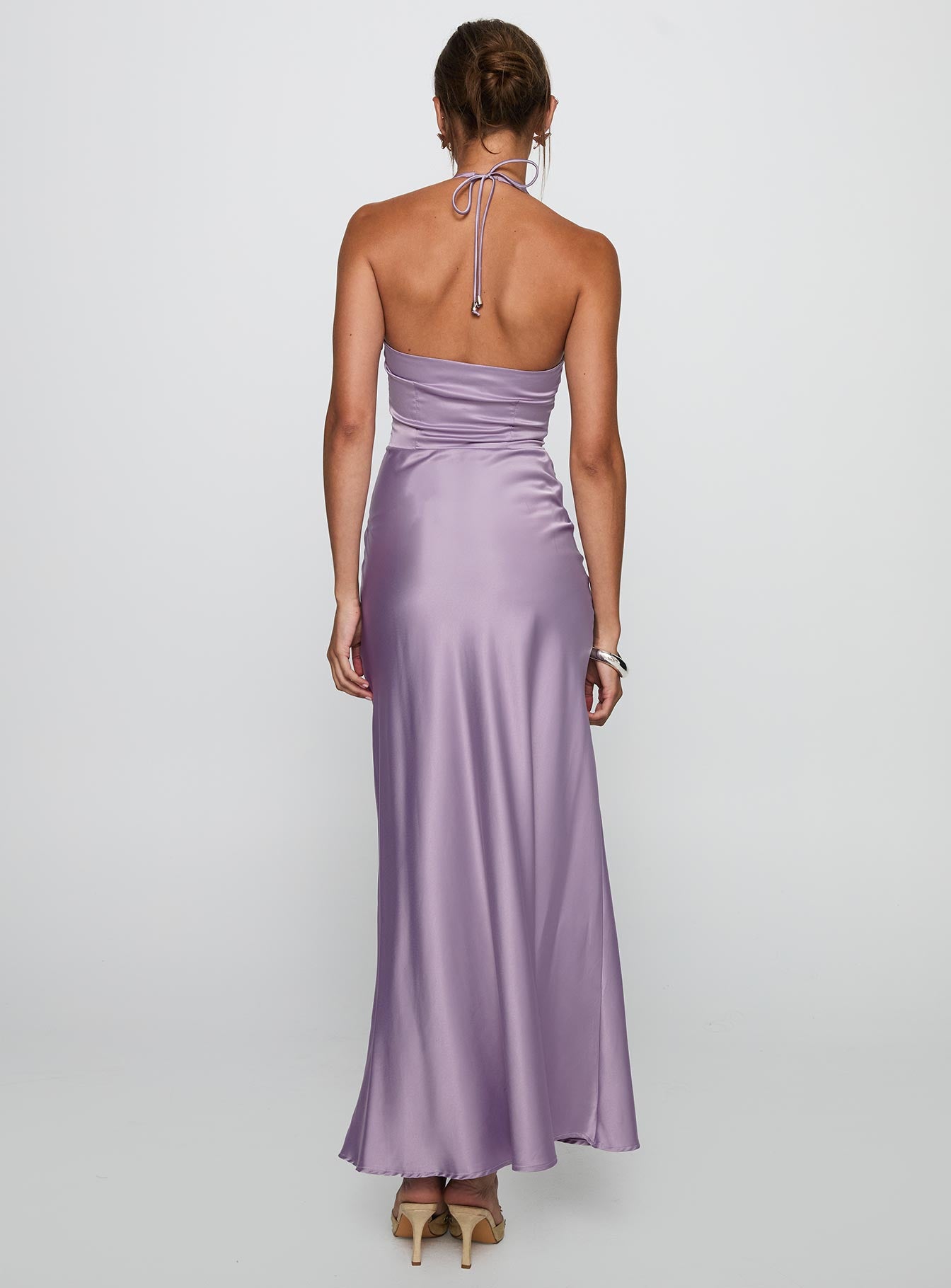 back view of model wearing Princess Polly Rousseau Halter Maxi Dress Mauve Plunger 