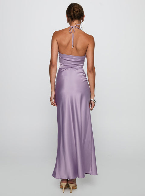 back view of model wearing Princess Polly Rousseau Halter Maxi Dress Mauve Plunger 