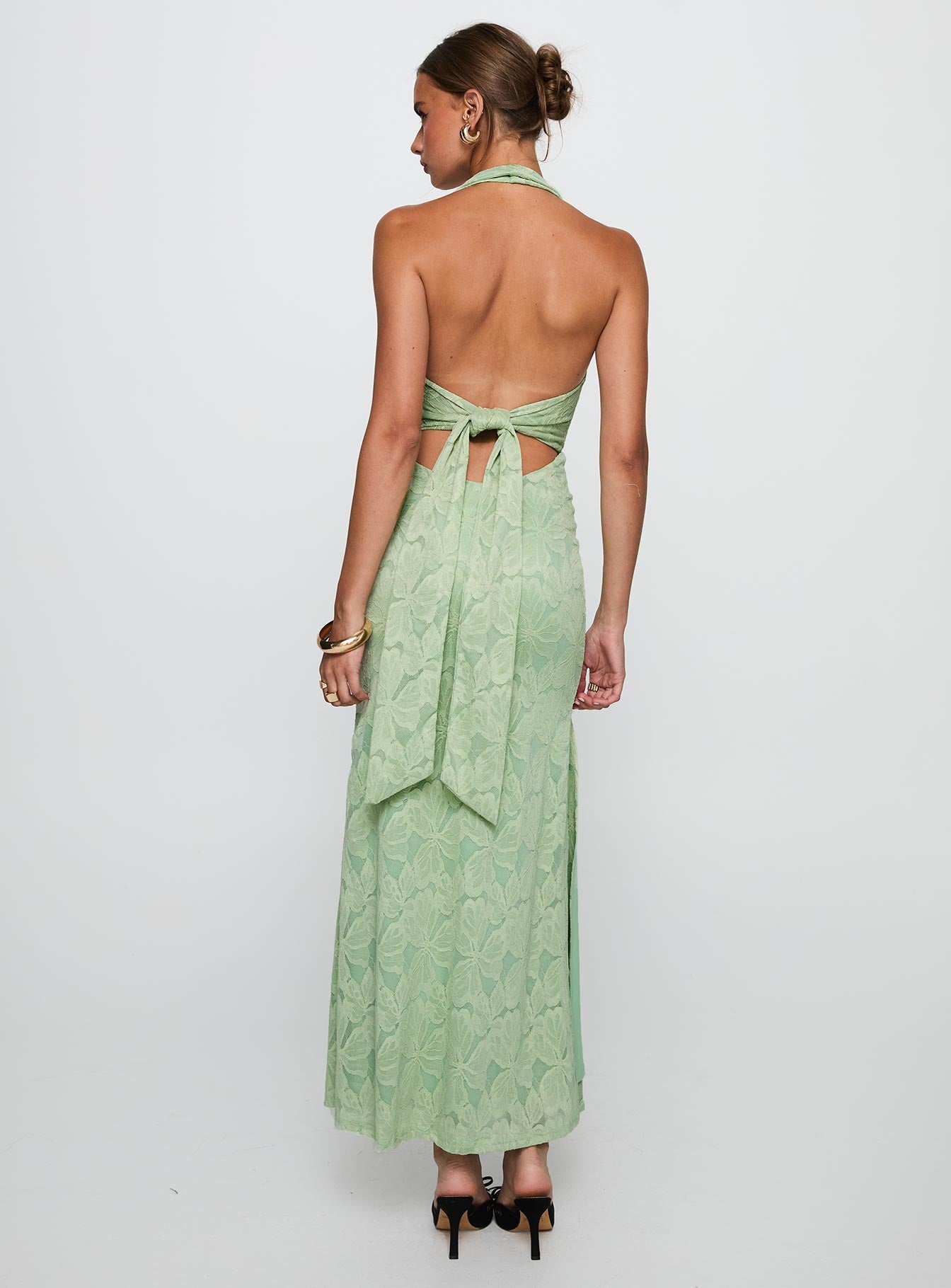 back view of model wearing Princess Polly Starfall Halter Maxi Dress Sage Cowl Neck 