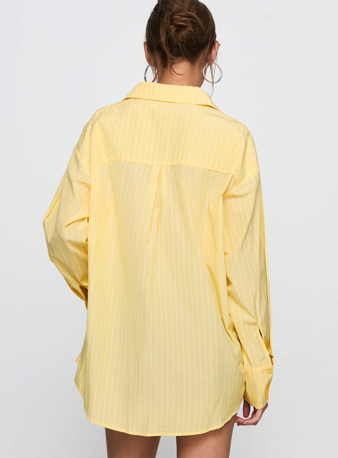 back view of model wearing Princess Polly Thousand Miles Oversized Long Sleeve Top Yellow Full Sleeves V-Neck 