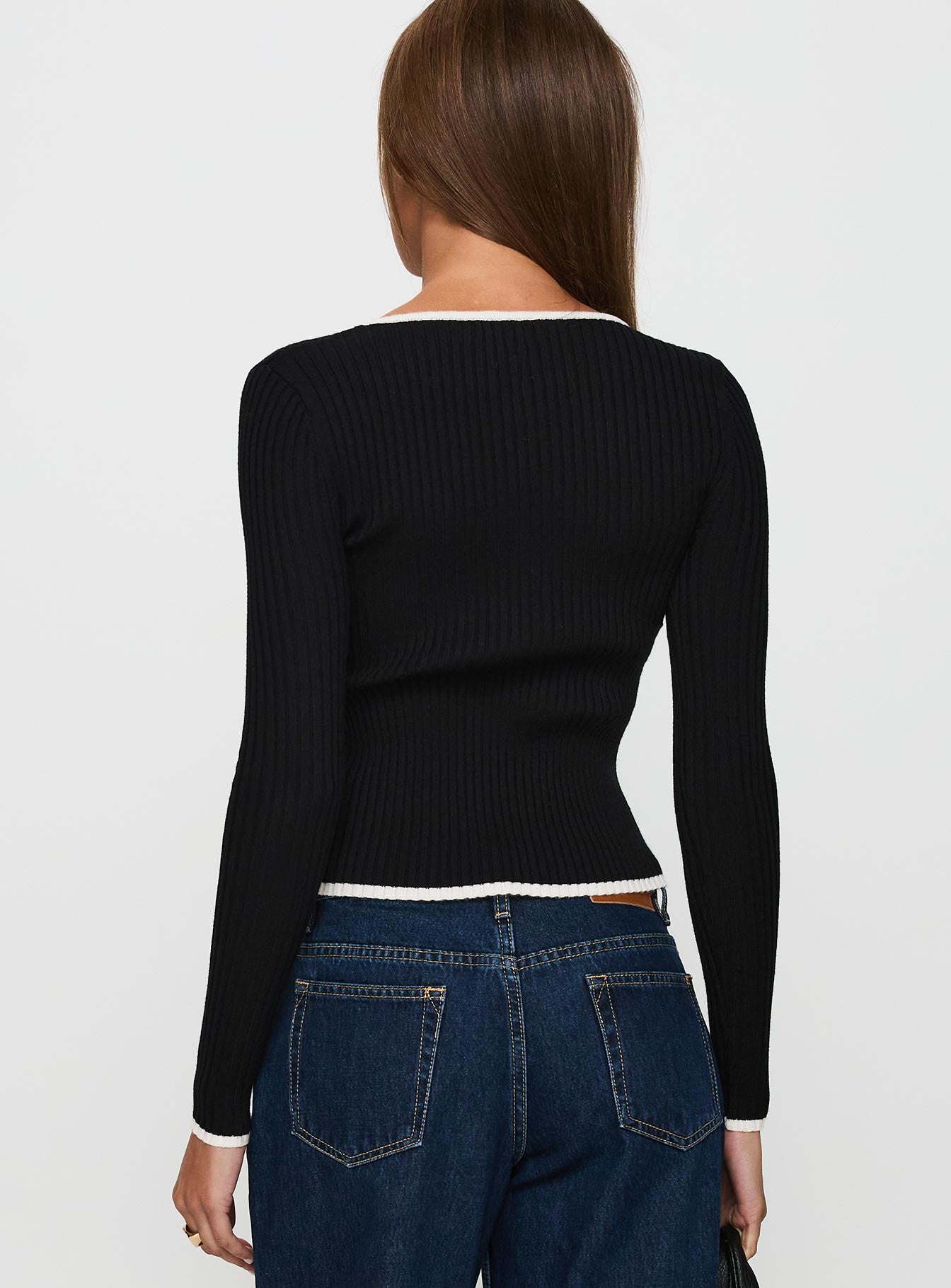 back view of model wearing Princess Polly Bring Me Closer Button Up Long Sleeve Top Black / White Full Sleeves Crew Neck 