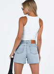 back view of model wearing Princess Polly Laurena Denim Shorts Tall Lower Impact High Waisted Shorts 