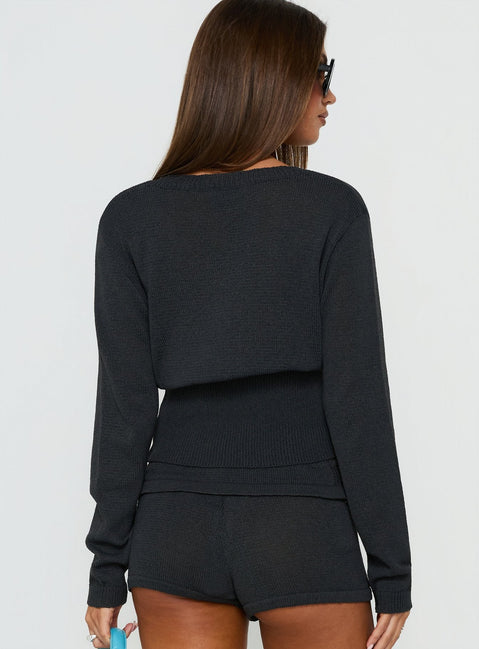 Elsari Cinched Waist V Neck Knit Jumper Charcoal
