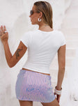 back view of model wearing Princess Polly Headliner Shimmer Mini Skirt Purple Mini Skirts 