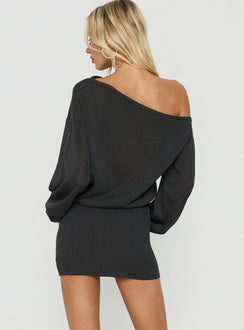 Johannah Off Shoulder Long Sleeve Knit Mini Dress Dark Grey