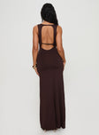 back view of model wearing Princess Polly Frederica Plunge Maxi Dress Chocolate Plunger 