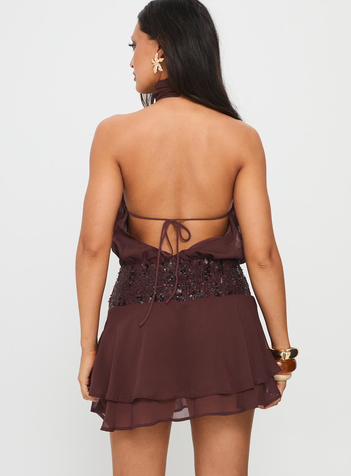 Zenayda Drop Waist Sequin Mini Dress Brown | Princess Polly Zenayda Drop Waist Sequin Mini Dress Brown | Princess Polly