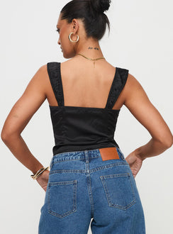 back view of model wearing Princess Polly Arvelin Corset Top Black Sleeveless Sweetheart 