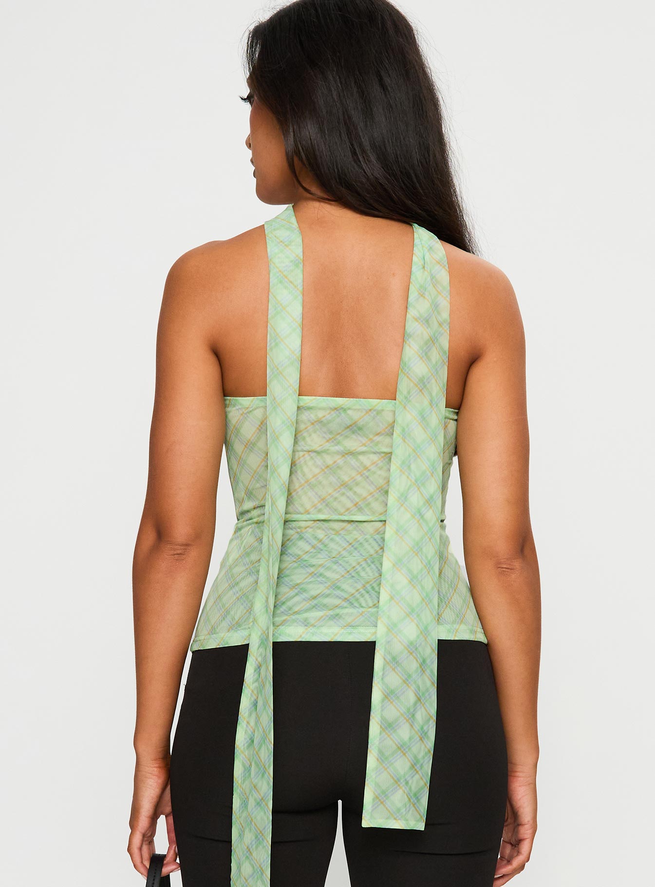 back view of model wearing Princess Polly No Comparison Neck Tie Strapless Top Green Check Sleeveless straight 