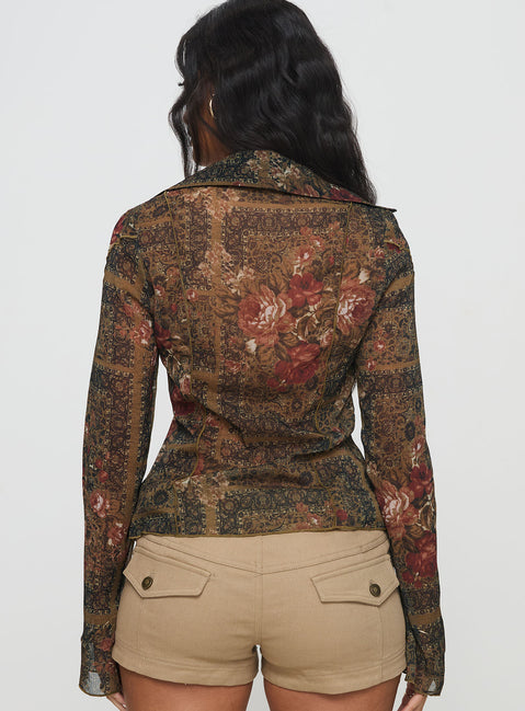 back view of model wearing Princess Polly Luelue Long Sleeve Shirt Multi Full Sleeves V-Neck 