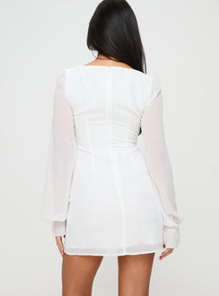 back view of model wearing Princess Polly Bayford Long Sleeve Mini Dress White Square Neck 
