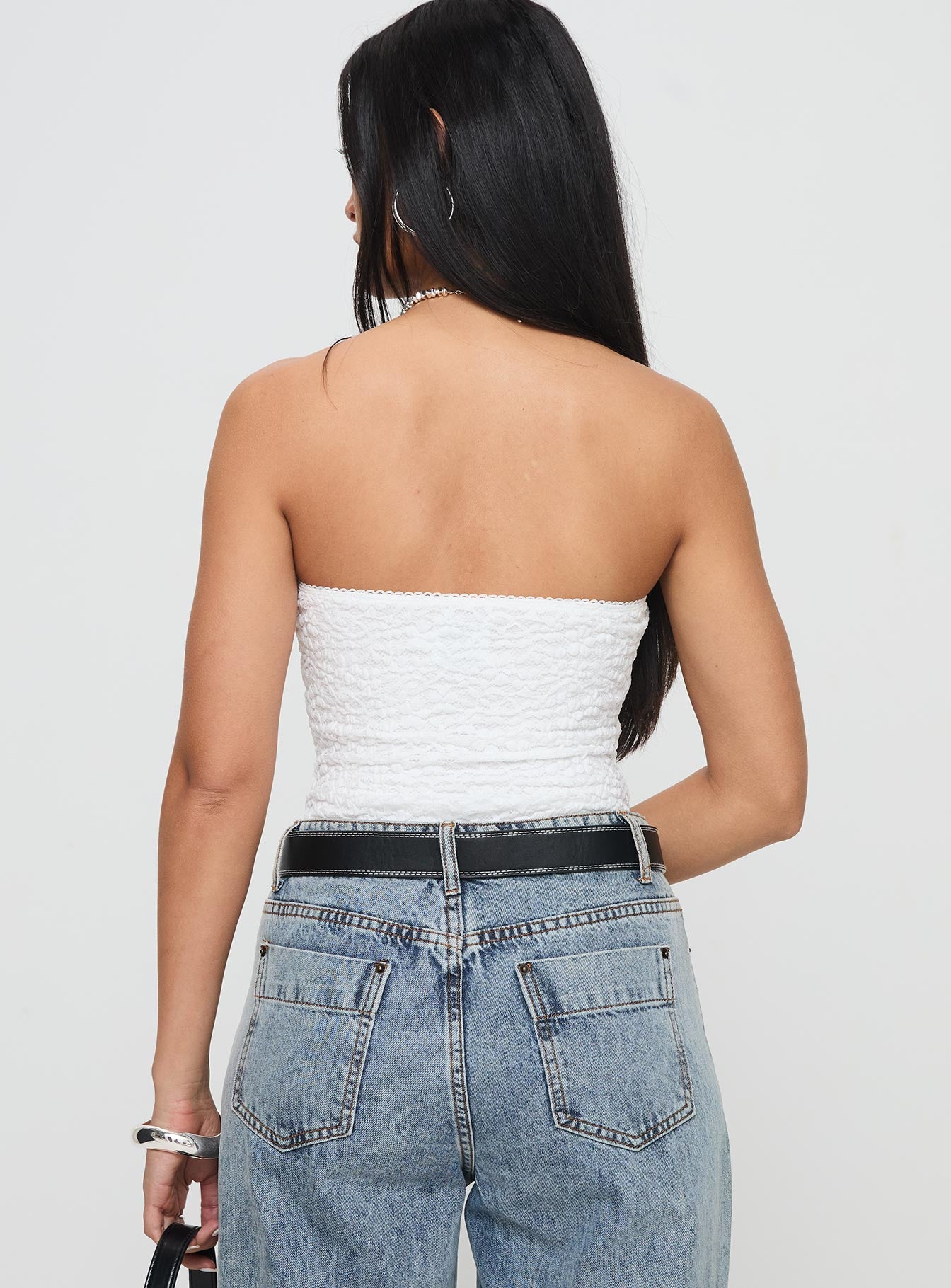 back view of model wearing Princess Polly Bristle Strapless Bodysuit White Sleeveless straight 