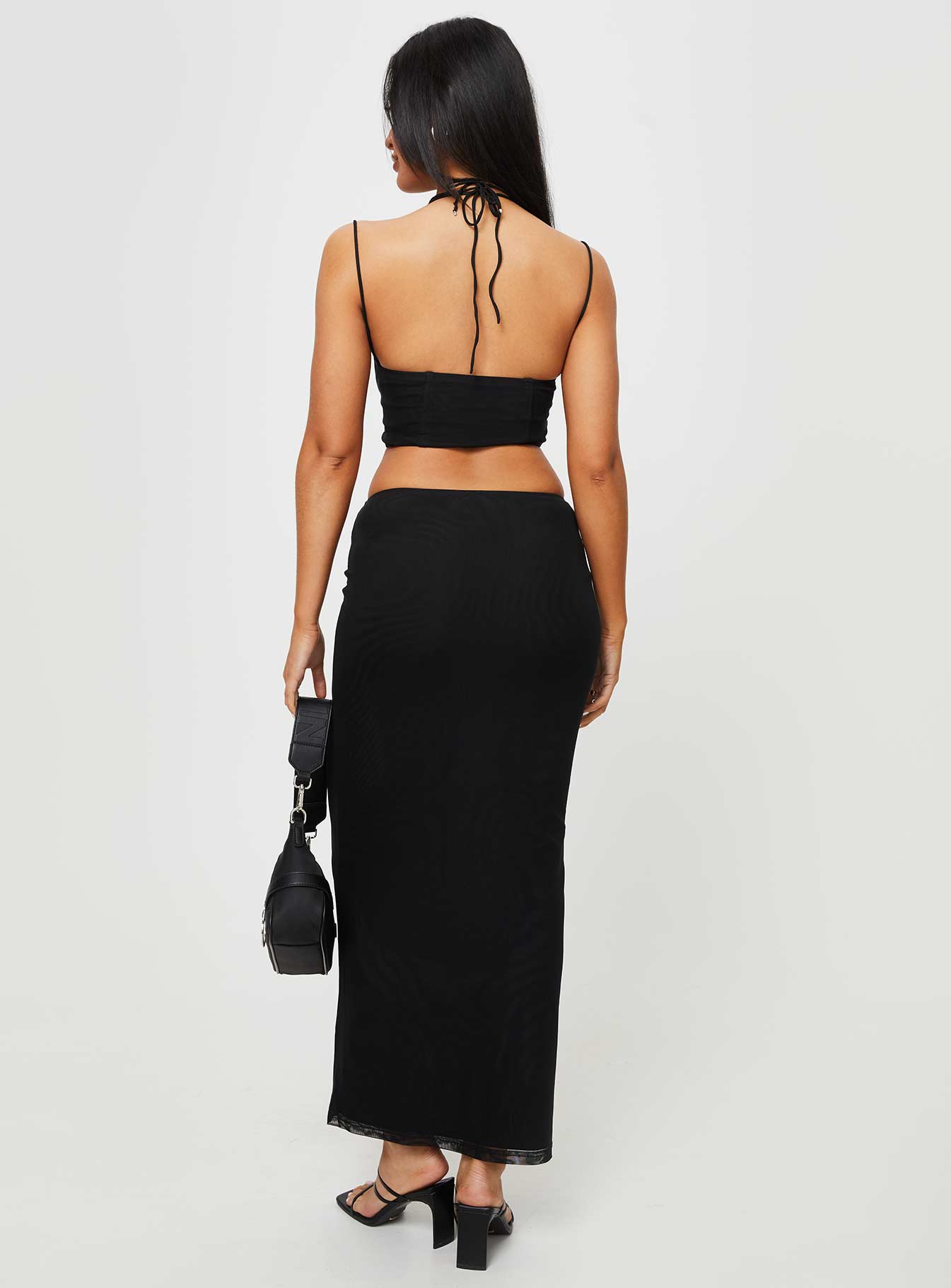 Matching set, slim fitting, mesh material Cropped corset top, halter neck tie, elasticated shoulder straps, wired cups, boning through front, curved hem Maxi skirt, thin elasticated waistband Good stretch, fully lined 