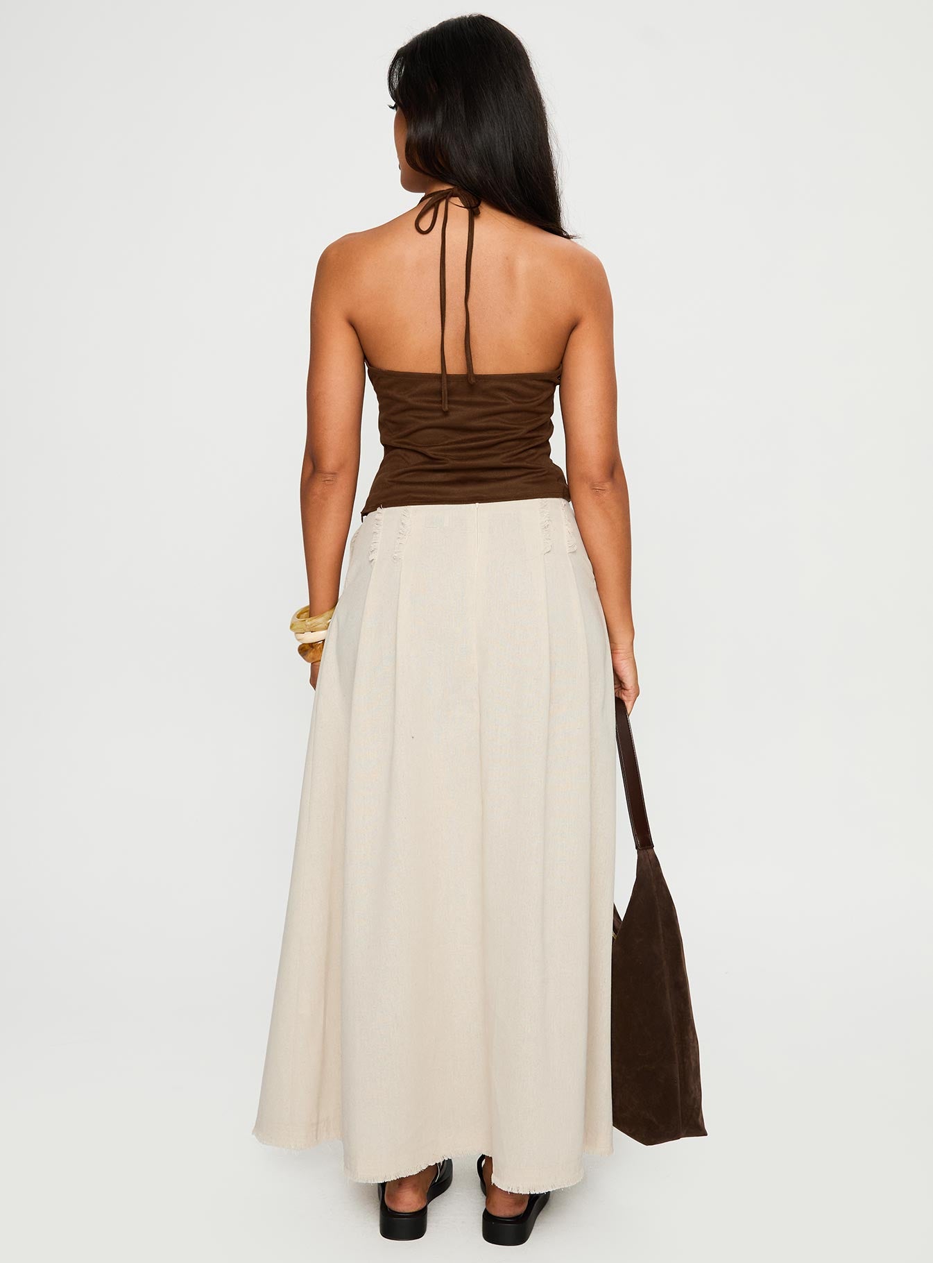 back view of model wearing Princess Polly Bohemian Spirit Maxi Skirt Beige Maxi 