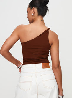 back view of model wearing Princess Polly Anwen Top Brown Sleeveless Asymmetric Neckline 