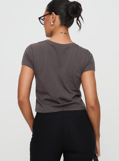 back view of model wearing Princess Polly Polly Bow Tee Charcoal Short Sleeves Crew Neck 