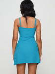 back view of model wearing Princess Polly Baseline Rib Mini Dress Blue Scoop Neck 