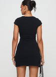 back view of model wearing Princess Polly Ravenna Mini Dress Black Scoop Neck 