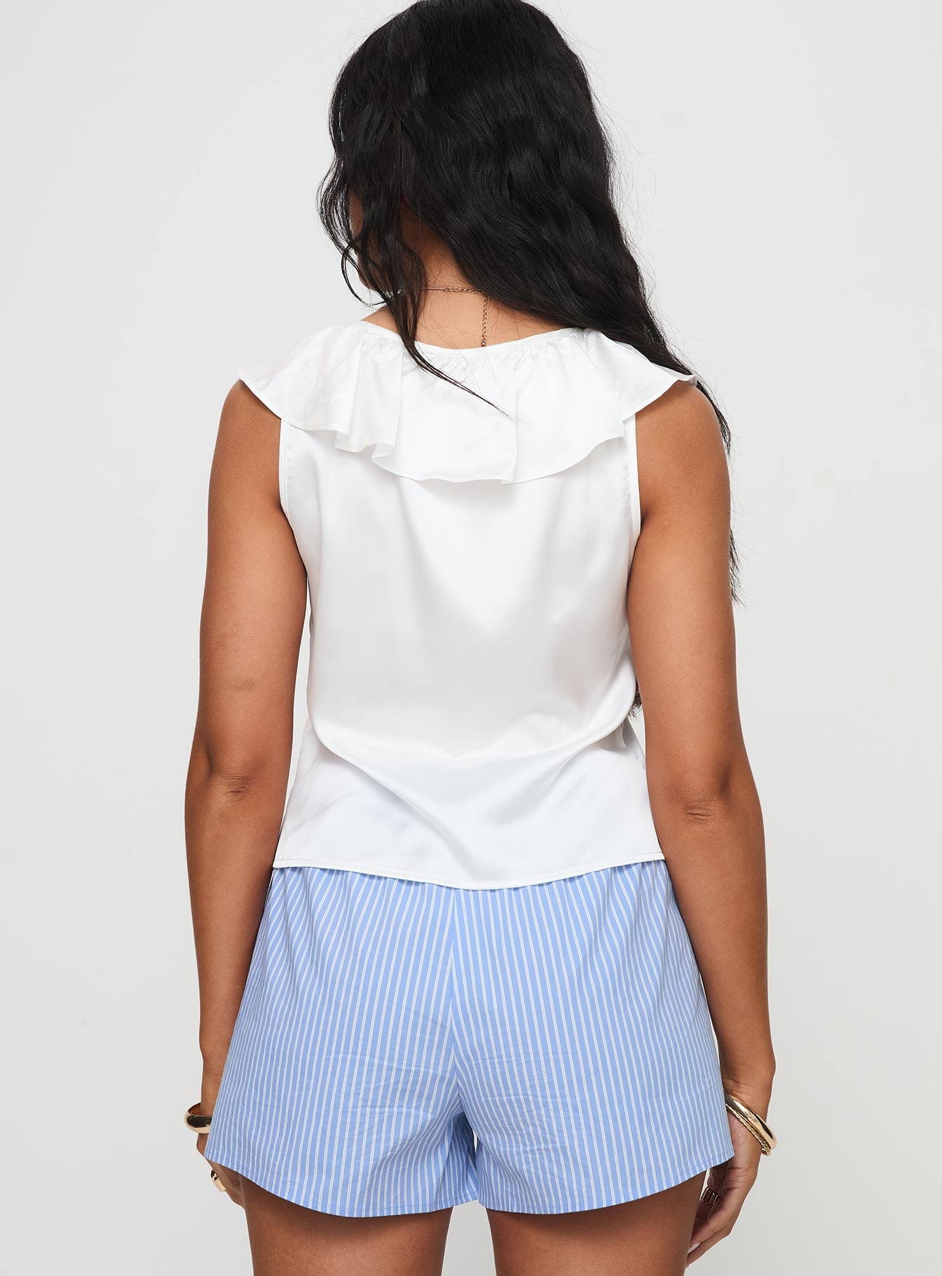 back view of model wearing Princess Polly Elsinthra Top White Short Sleeves V-Neck 