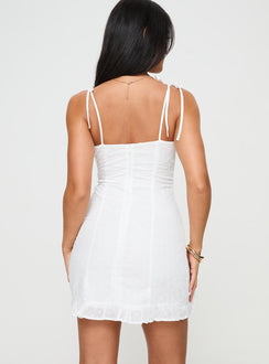 back view of model wearing Princess Polly Zenaida Mini Dress White V-Neck 